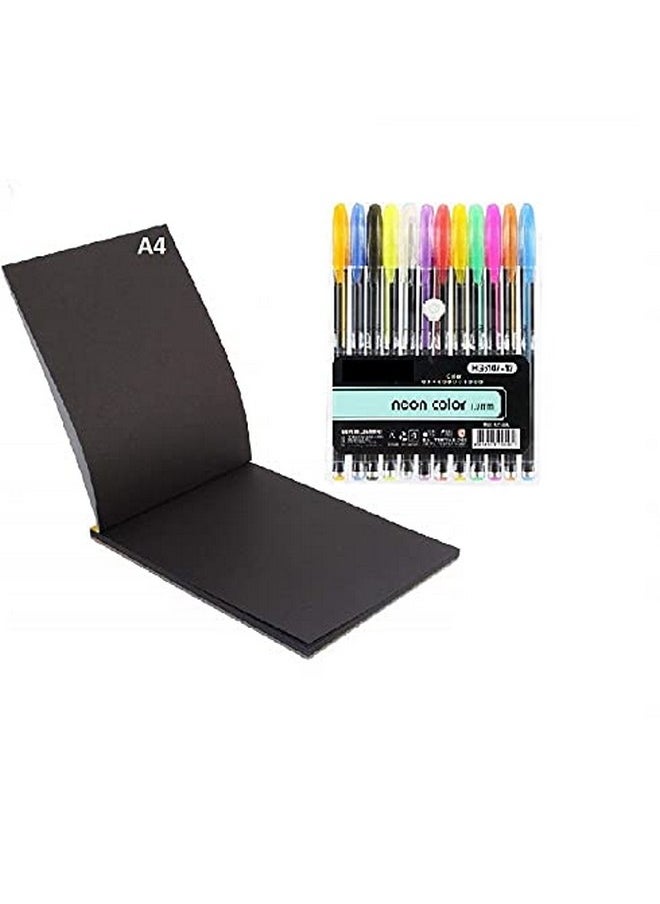 eS³kube 1 Book A4 Size 20 Pages 140 GSM Black Paper Drawing Pad Sketching Book with Hardback & 12pc Colorful Neon Glitter Gel Ink Pen Set for Artists