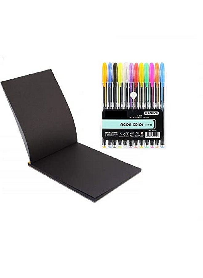 eS³kube 12pc Colorful Neon Glitter Gel Ink Pen Set & 1book A5 Size 20 Pages 140 GSM Black Paper Drawing Pad Sketching Book with Hardback for Artists