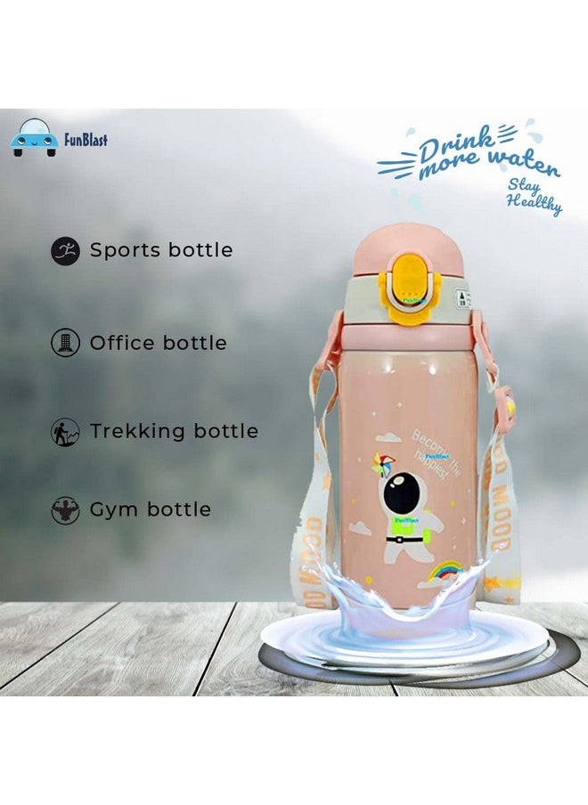 FunBlast Space Theme Hot & Cold Water Bottle for Kids - Double Walled Thermos Flask Vacuum Insulated Stainless Steel Bottle - Dual Cap Bottle with Straw & Wide Mouth Cap (450ML) (Pink)