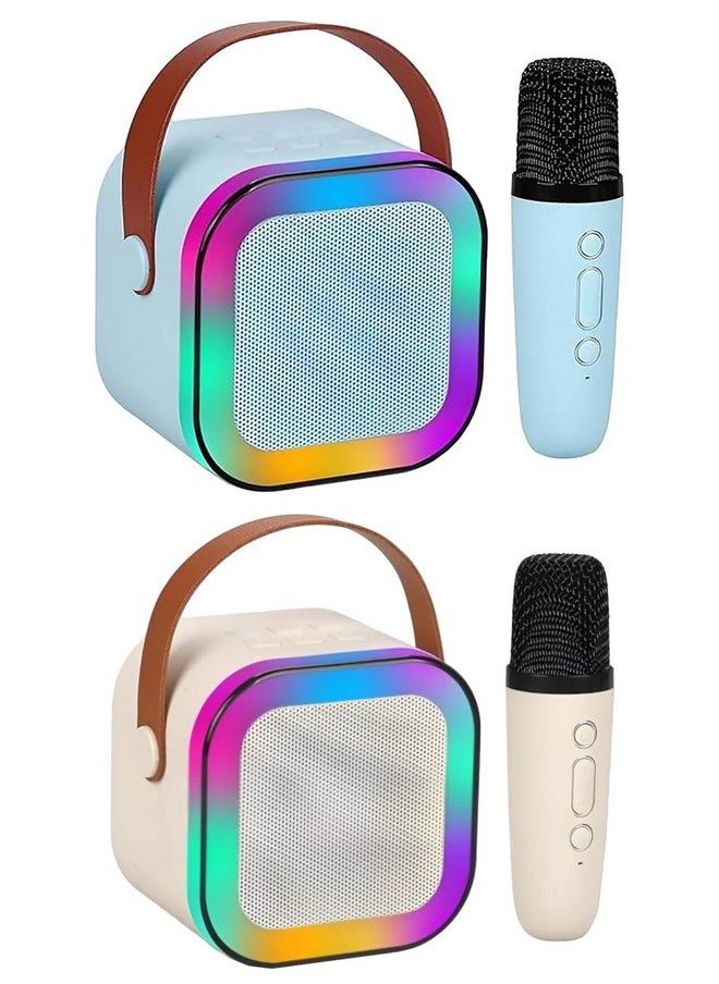 Magicwand® K12【Pack of 2 Speakers】【Blue & Biege 1 Mic】 USB-C-Charging Kids Karaoke Microphone Wireless Bluetooth Speaker with RGB LED Lighting for Kids