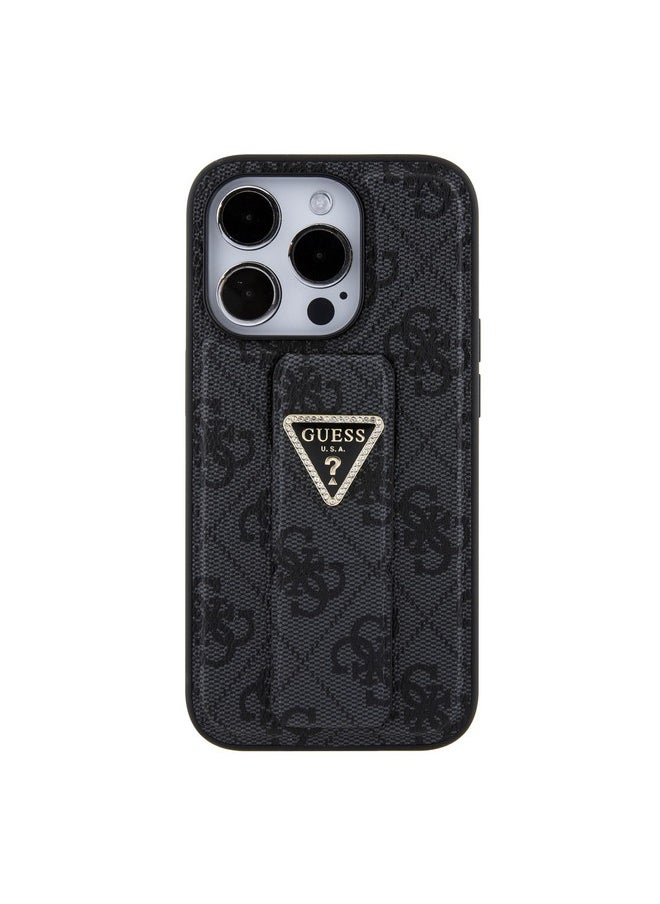 Guess iPhone 15 Pro Case [Official Licensed] by CG Mobile | Grip Stand Case with PU 4G Triangle Strass | Protective Case/Cover Designed for iPhone 15 Pro (6.1-Inch) 2023 - Black