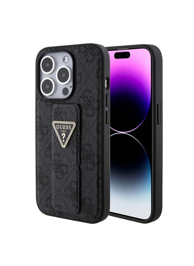 Guess iPhone 15 Pro Case [Official Licensed] by CG Mobile | Grip Stand Case with PU 4G Triangle Strass | Protective Case/Cover Designed for iPhone 15 Pro (6.1-Inch) 2023 - Black