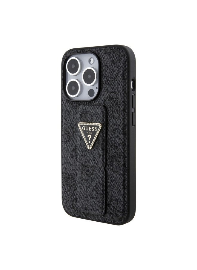 Guess iPhone 15 Pro Case [Official Licensed] by CG Mobile | Grip Stand Case with PU 4G Triangle Strass | Protective Case/Cover Designed for iPhone 15 Pro (6.1-Inch) 2023 - Black