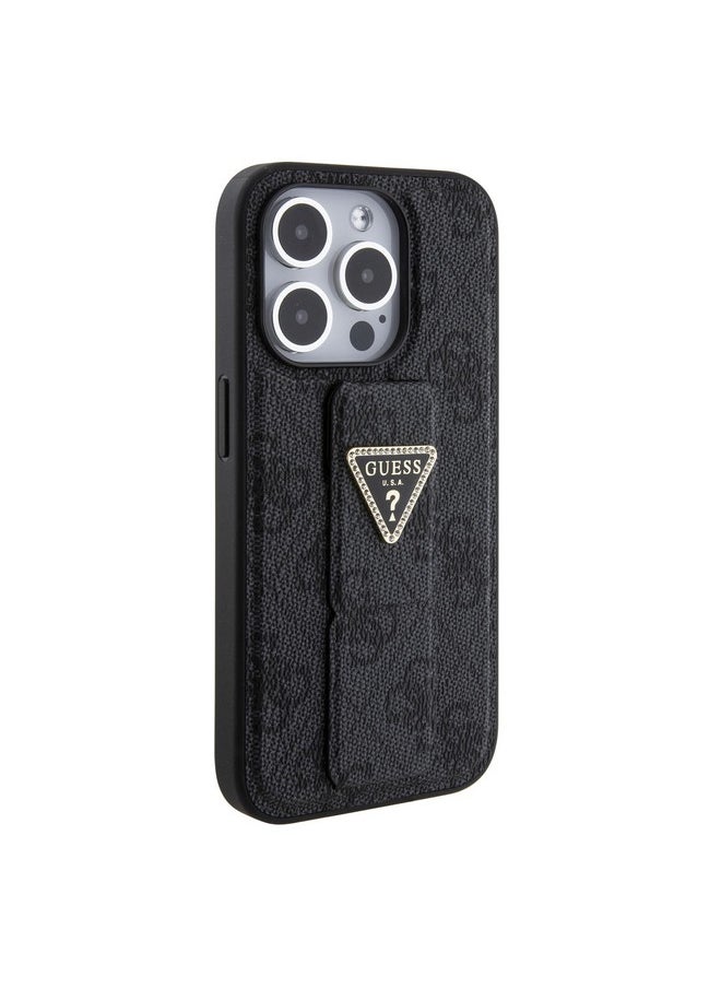 Guess iPhone 15 Pro Case [Official Licensed] by CG Mobile | Grip Stand Case with PU 4G Triangle Strass | Protective Case/Cover Designed for iPhone 15 Pro (6.1-Inch) 2023 - Black