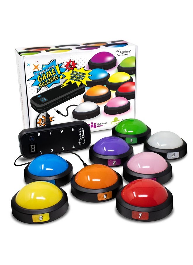 Teacher's Choice Light Up Game Buzzer System, Displays The Winning Player Loud, Unique Sounds for Each Buzzer, Great for Trivia Games, Family Feud, Jeopardy (8 Pack)