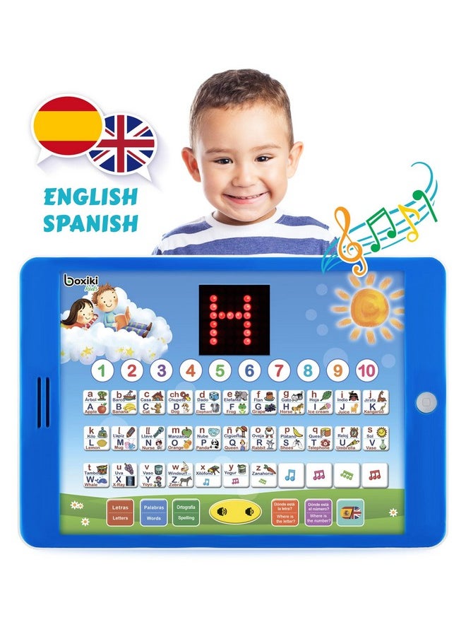 Boxiki kids Spanish-English Learning Bilingual Tablet Educational Toy with LED Screen Display. Learn Spanish and English with ABC Games and Spelling. Kids Love Our Interactive Educational Toys