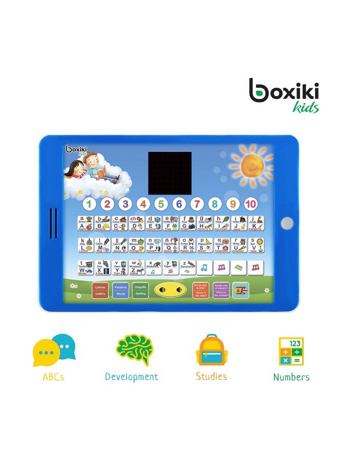 Boxiki kids Spanish-English Learning Bilingual Tablet Educational Toy with LED Screen Display. Learn Spanish and English with ABC Games and Spelling. Kids Love Our Interactive Educational Toys