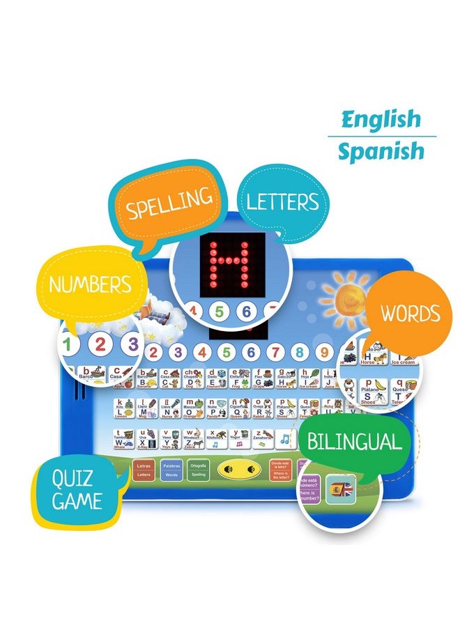 Boxiki kids Spanish-English Learning Bilingual Tablet Educational Toy with LED Screen Display. Learn Spanish and English with ABC Games and Spelling. Kids Love Our Interactive Educational Toys