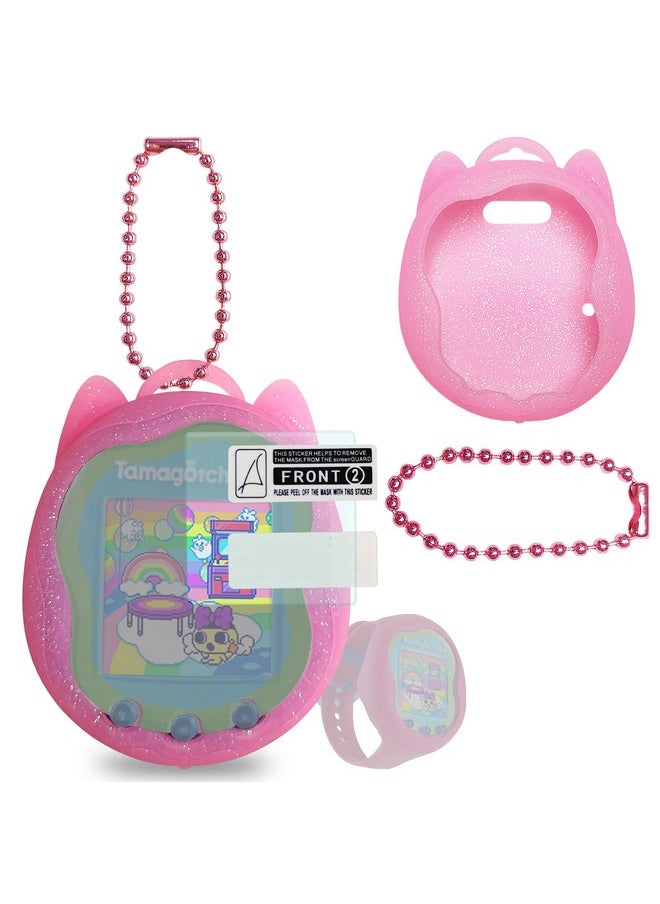 JCHPINE Silicone Case Replacement for Tamagotchi Uni, Screen Protector for Tamagotchi Uni Band Pet Accessories(Silicone Case and Screen Film) (Pink Case)