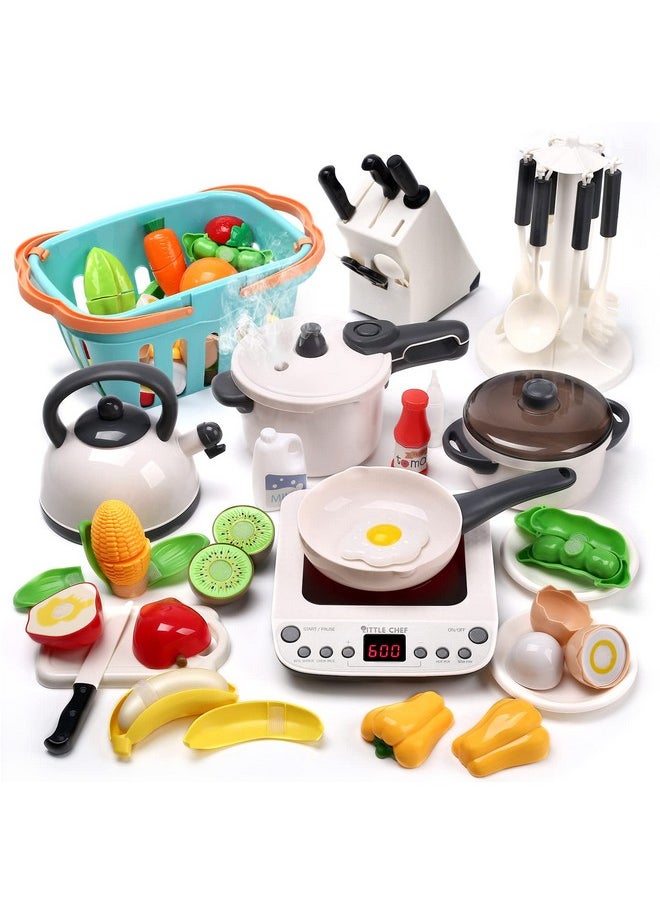 CUTE STONE Pretend Play Kitchen Toy with Cookware Steam Pressure Pot and Electronic Induction Cooktop, Cooking Utensils, Toy Cutlery, Cut Play Food, Shopping Basket Learning Toy for Girls Boys