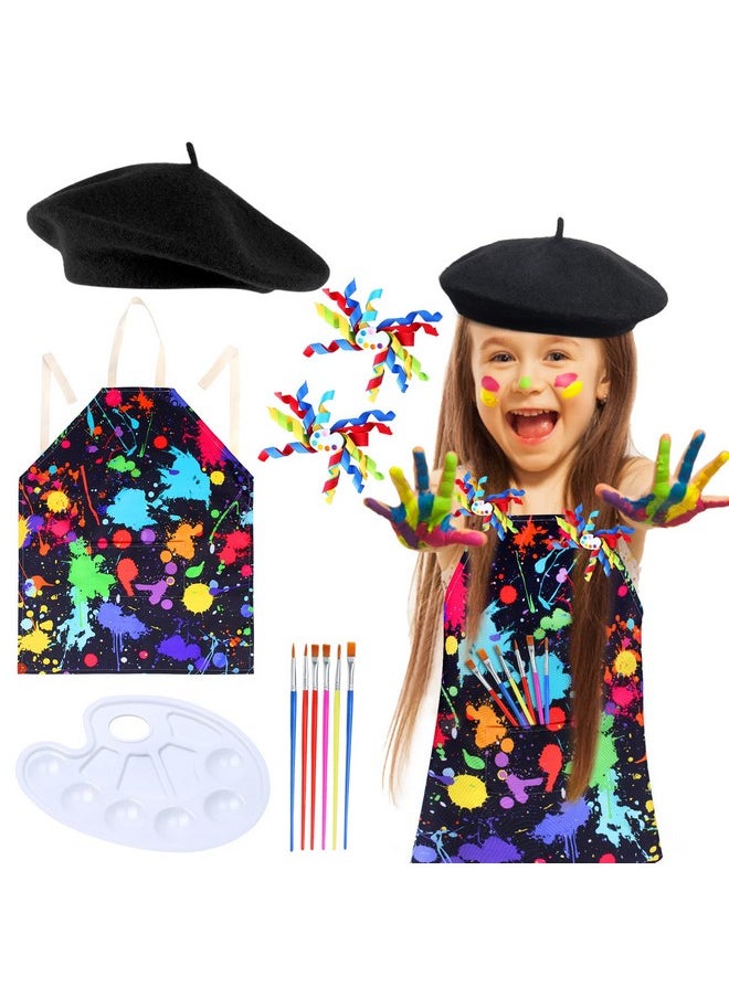 Keymall Kids Artist Costume Accessories Set Painter Dress-Up with Beret Hat Splatter Apron Spiral Swirl Hair Clips for Halloween Career Day Costume