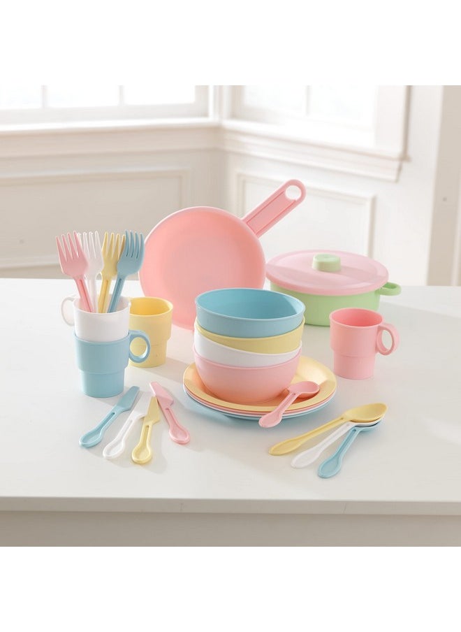 KidKraft 27-Piece Pastel Cookware Set, Plastic Dishes and Utensils for Play Kitchens, Gift for Ages 18 mo+