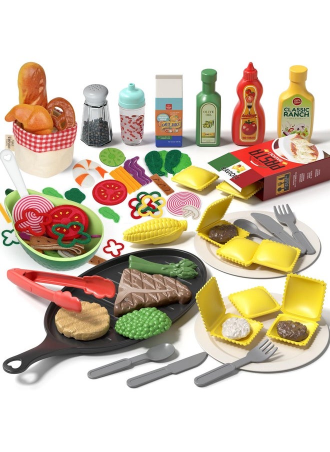 Lehoo Castle Play Kitchen Accessories, Plastic Play Food Sets for Kids Kitchen, Fake Food Pretend Play for Toddlers 3-5, Realistic Felt Food Playset for Kids Restaurant Pretend Food with Dishes
