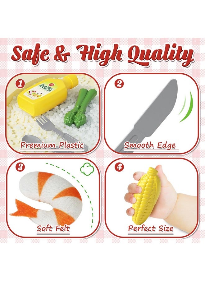 Lehoo Castle Play Kitchen Accessories, Plastic Play Food Sets for Kids Kitchen, Fake Food Pretend Play for Toddlers 3-5, Realistic Felt Food Playset for Kids Restaurant Pretend Food with Dishes
