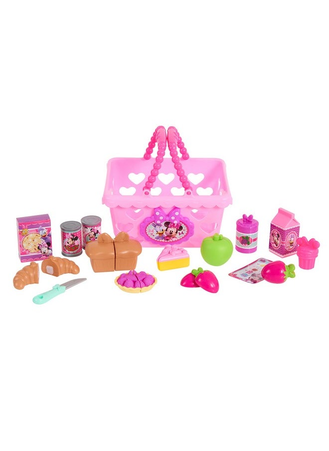 Disney Junior Minnie Bow-Tique Bowtastic Shopping Basket Set with Pretend Food and Accessories, Pretend Play, Kids Toys for Ages 3 Up by Just Play