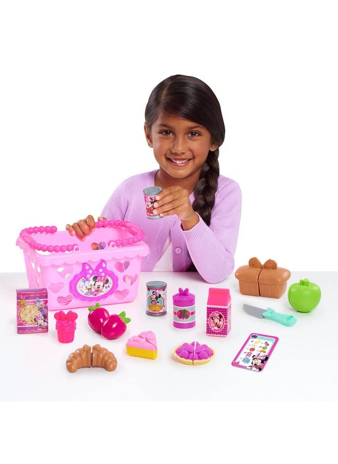 Disney Junior Minnie Bow-Tique Bowtastic Shopping Basket Set with Pretend Food and Accessories, Pretend Play, Kids Toys for Ages 3 Up by Just Play