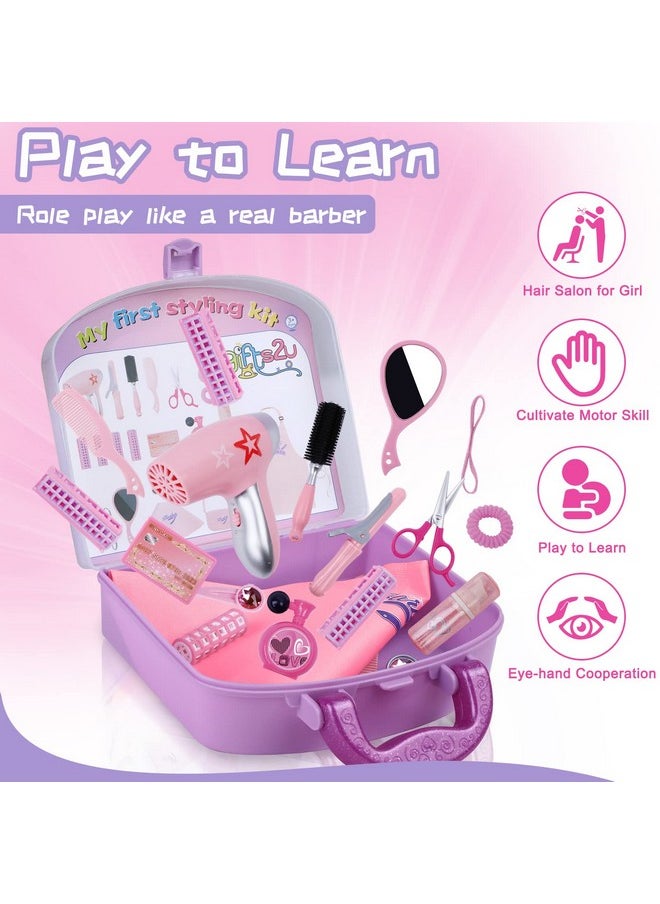 Gifts2U Girls Beauty Salon Set, 23 Pcs Kids Beauty Salon Toy Kit Pretend Hair Styling Set for Girls with Blow Dryer, Barber Costume Apron, Scissors and Stylist Accessories