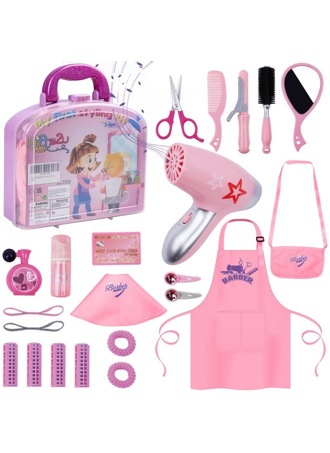 Gifts2U Girls Beauty Salon Set, 23 Pcs Kids Beauty Salon Toy Kit Pretend Hair Styling Set for Girls with Blow Dryer, Barber Costume Apron, Scissors and Stylist Accessories