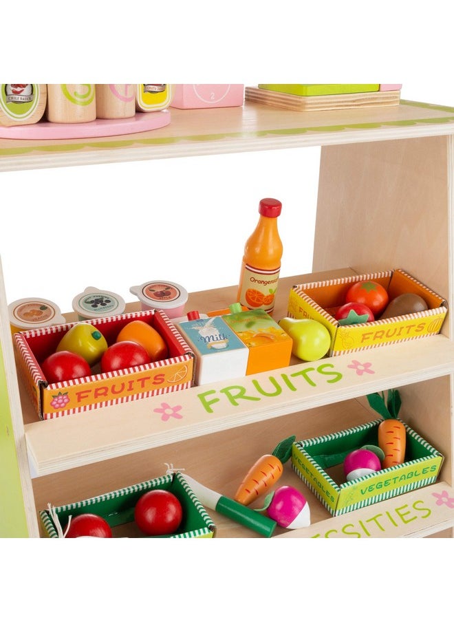 Hey! Play! Kids Fresh Market Selling Stand- Wooden Grocery Store Playset with Toy Cash Register, Pretend Credit Card and 31 Food Accessories