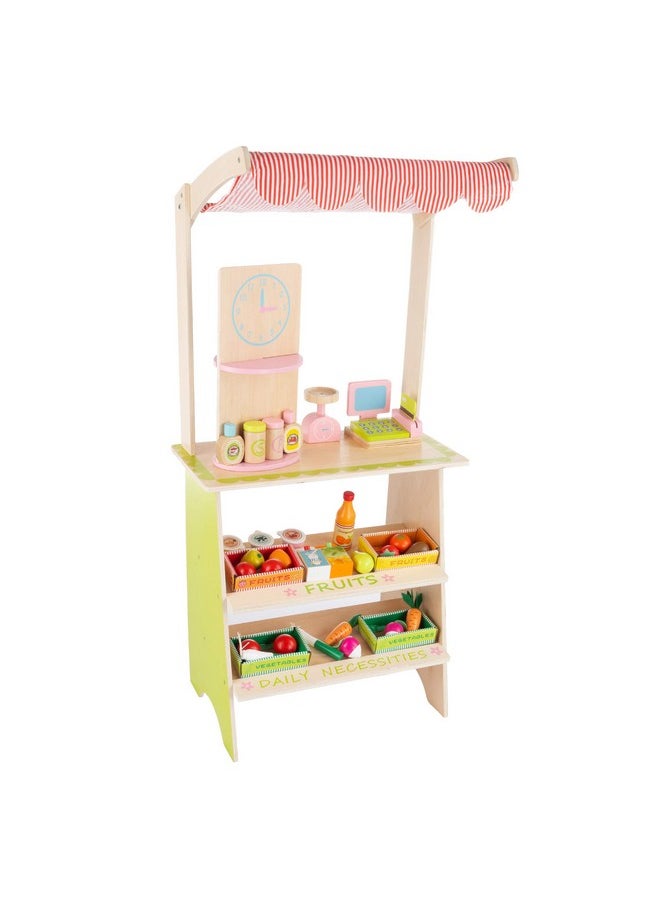 Hey! Play! Kids Fresh Market Selling Stand- Wooden Grocery Store Playset with Toy Cash Register, Pretend Credit Card and 31 Food Accessories