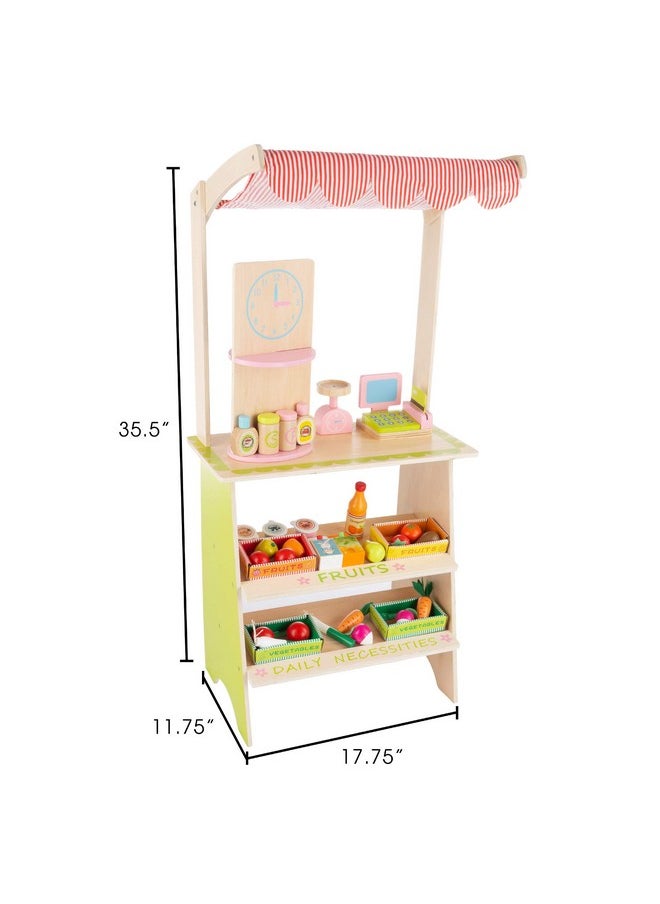 Hey! Play! Kids Fresh Market Selling Stand- Wooden Grocery Store Playset with Toy Cash Register, Pretend Credit Card and 31 Food Accessories