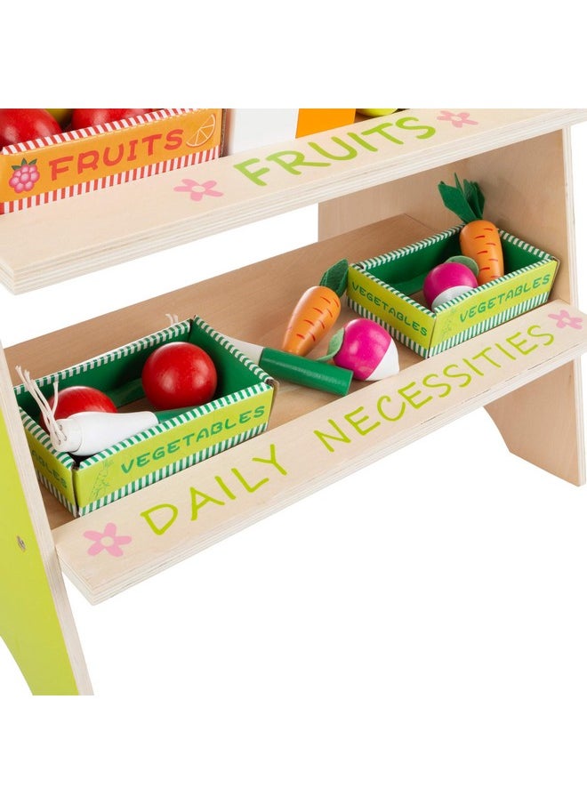 Hey! Play! Kids Fresh Market Selling Stand- Wooden Grocery Store Playset with Toy Cash Register, Pretend Credit Card and 31 Food Accessories