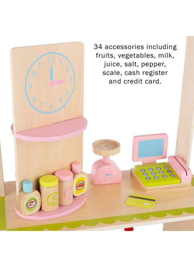 Hey! Play! Kids Fresh Market Selling Stand- Wooden Grocery Store Playset with Toy Cash Register, Pretend Credit Card and 31 Food Accessories