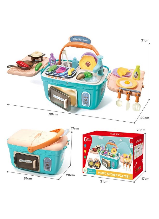 CUTE STONE Kids Picnic & Kitchen Playset,Portable Pinic Basket with Musics & Lights, Color Changing Play Foods, Sink,Pretend Play Oven and Other Accessories Toys for Boys and Girls