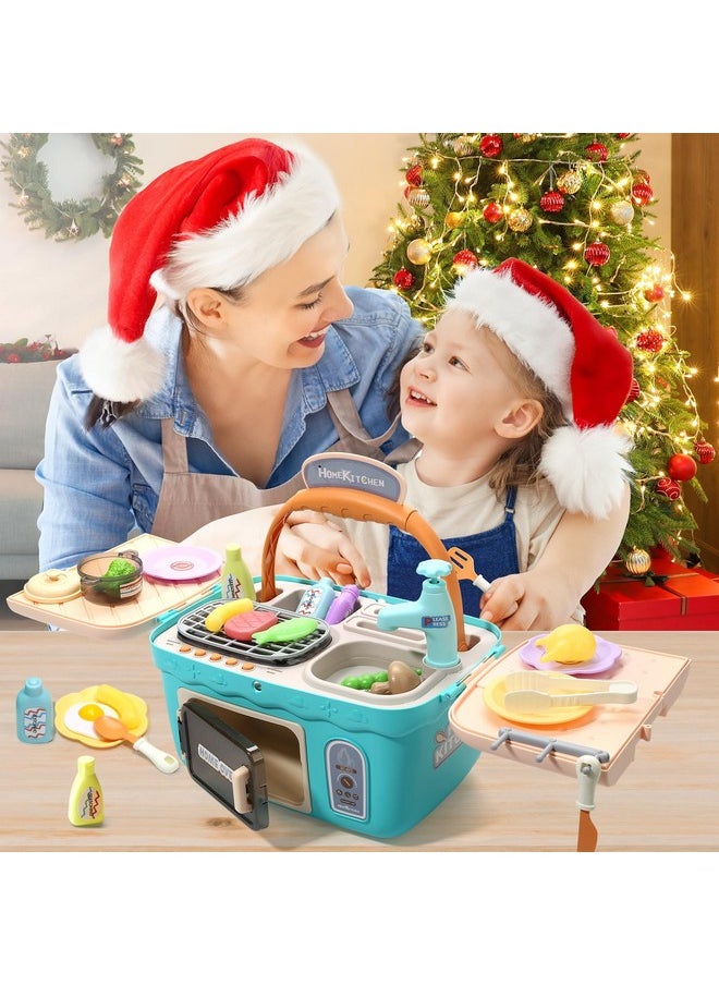 CUTE STONE Kids Picnic & Kitchen Playset,Portable Pinic Basket with Musics & Lights, Color Changing Play Foods, Sink,Pretend Play Oven and Other Accessories Toys for Boys and Girls