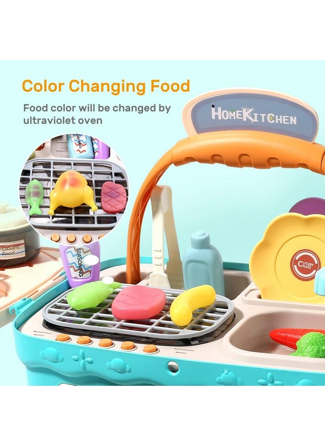 CUTE STONE Kids Picnic & Kitchen Playset,Portable Pinic Basket with Musics & Lights, Color Changing Play Foods, Sink,Pretend Play Oven and Other Accessories Toys for Boys and Girls