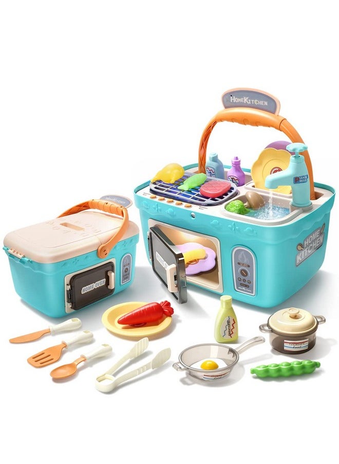 CUTE STONE Kids Picnic & Kitchen Playset,Portable Pinic Basket with Musics & Lights, Color Changing Play Foods, Sink,Pretend Play Oven and Other Accessories Toys for Boys and Girls