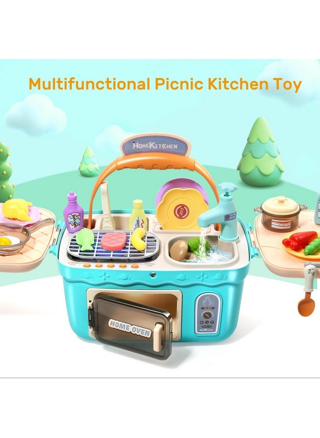 CUTE STONE Kids Picnic & Kitchen Playset,Portable Pinic Basket with Musics & Lights, Color Changing Play Foods, Sink,Pretend Play Oven and Other Accessories Toys for Boys and Girls