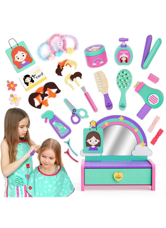 Lehoo Castle Wooden Kids Hair Salon Playset, Toddler Vanity for 3 Year Old Girls Birthday Gift, Beauty Barber Hair Styling Toys Pretend Play
