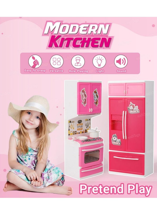 Zest 4 Toyz Unicorn Kitchen Set for Kids Girls Cooking Pretend Playset Birthday Gift with Openable Door & Accessories Pink