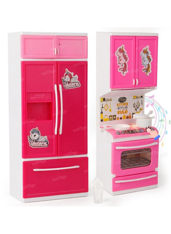 Zest 4 Toyz Unicorn Kitchen Set for Kids Girls Cooking Pretend Playset Birthday Gift with Openable Door & Accessories Pink