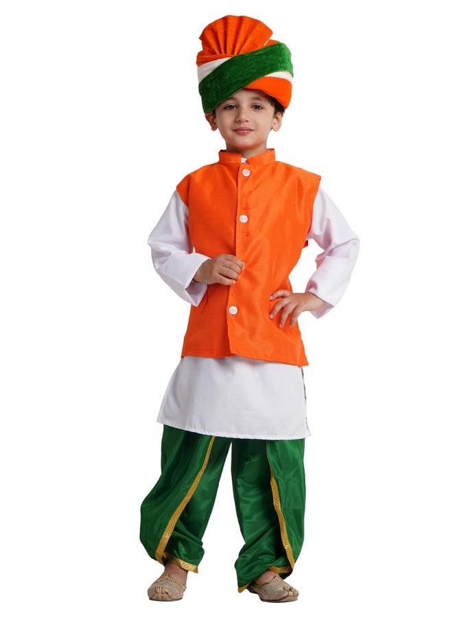 Kaku Fancy Dresses Polyester Tricolor Dhoti Kurta Jacket Set With Safa For Kids, Independence Day & Republic Day Costume Set For Boys & Girls - Multicolor, 3-4 Years