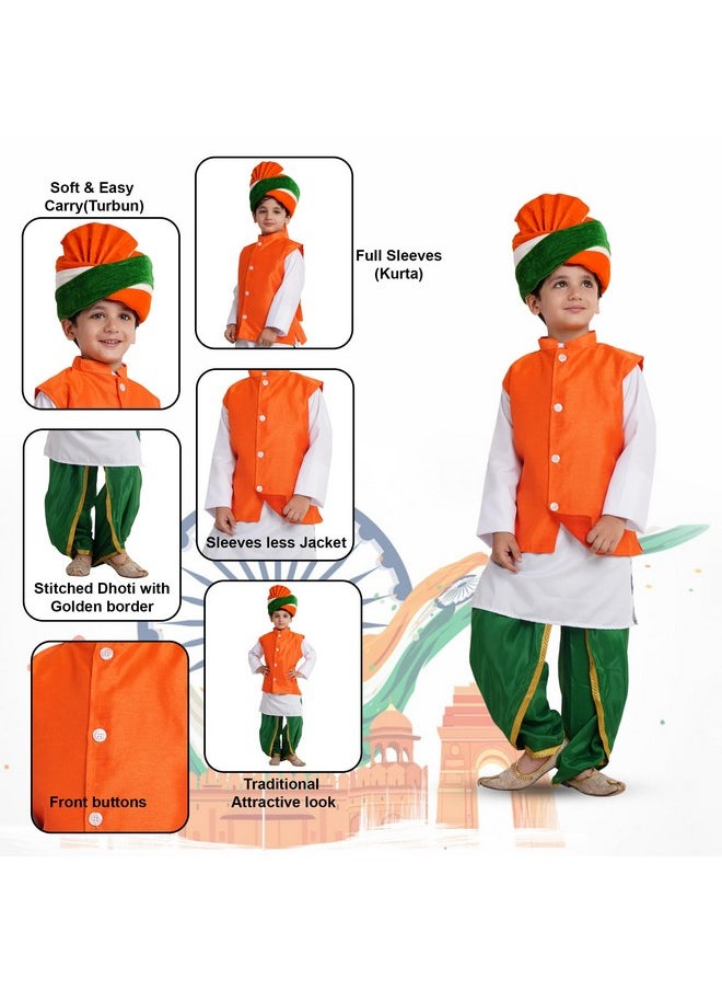 Kaku Fancy Dresses Polyester Tricolor Dhoti Kurta Jacket Set With Safa For Kids, Independence Day & Republic Day Costume Set For Boys & Girls - Multicolor, 3-4 Years