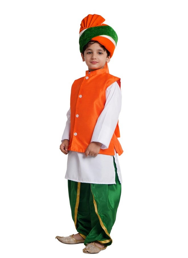 Kaku Fancy Dresses Polyester Tricolor Dhoti Kurta Jacket Set With Safa For Kids, Independence Day & Republic Day Costume Set For Boys & Girls - Multicolor, 3-4 Years