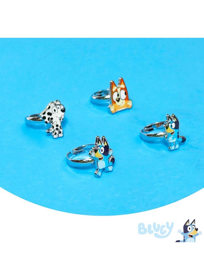 LUV HER Bluey Kids Jewelry: 4-Piece Adjustable Rings for Girls, Ring Sets with metal charm Fashion Girls Jewelry Ages 3+