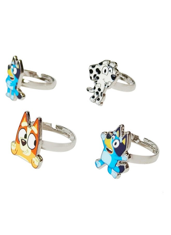 LUV HER Bluey Kids Jewelry: 4-Piece Adjustable Rings for Girls, Ring Sets with metal charm Fashion Girls Jewelry Ages 3+