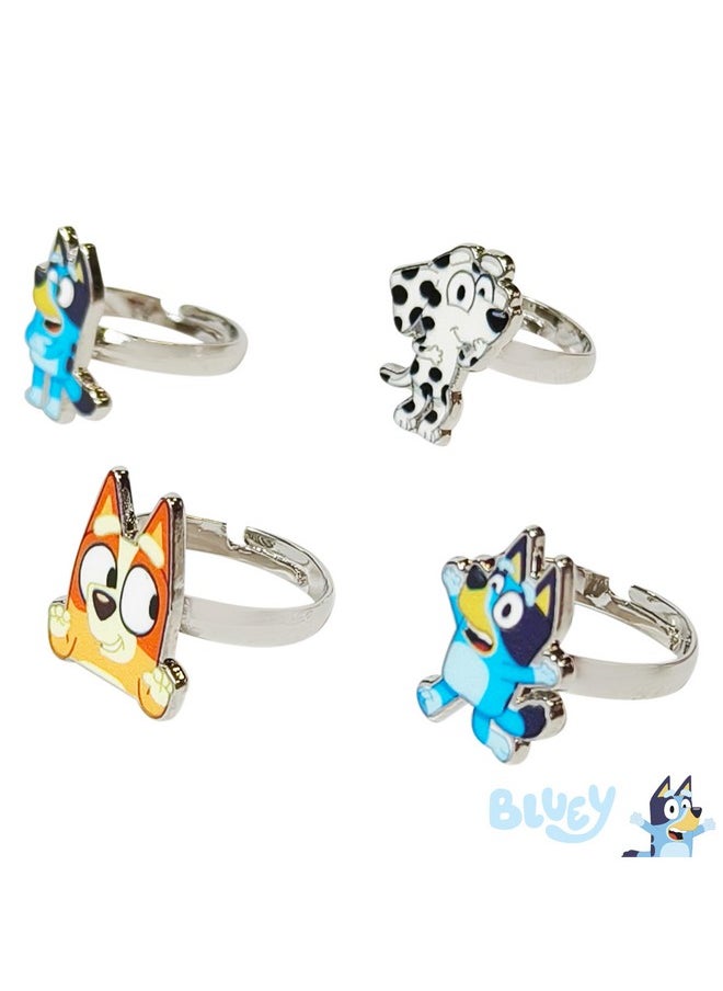 LUV HER Bluey Kids Jewelry: 4-Piece Adjustable Rings for Girls, Ring Sets with metal charm Fashion Girls Jewelry Ages 3+