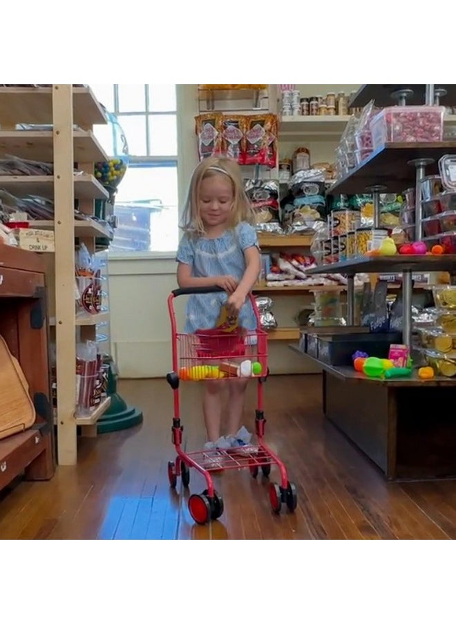 The New York Doll Collection Toy Shopping Cart for Kids and Toddler - Includes Food - Folds for Easy Storage - with Sturdy Metal Frame (Red)