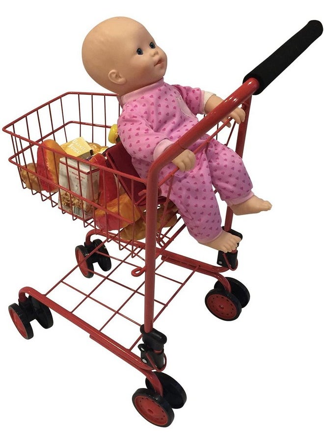 The New York Doll Collection Toy Shopping Cart for Kids and Toddler - Includes Food - Folds for Easy Storage - with Sturdy Metal Frame (Red)