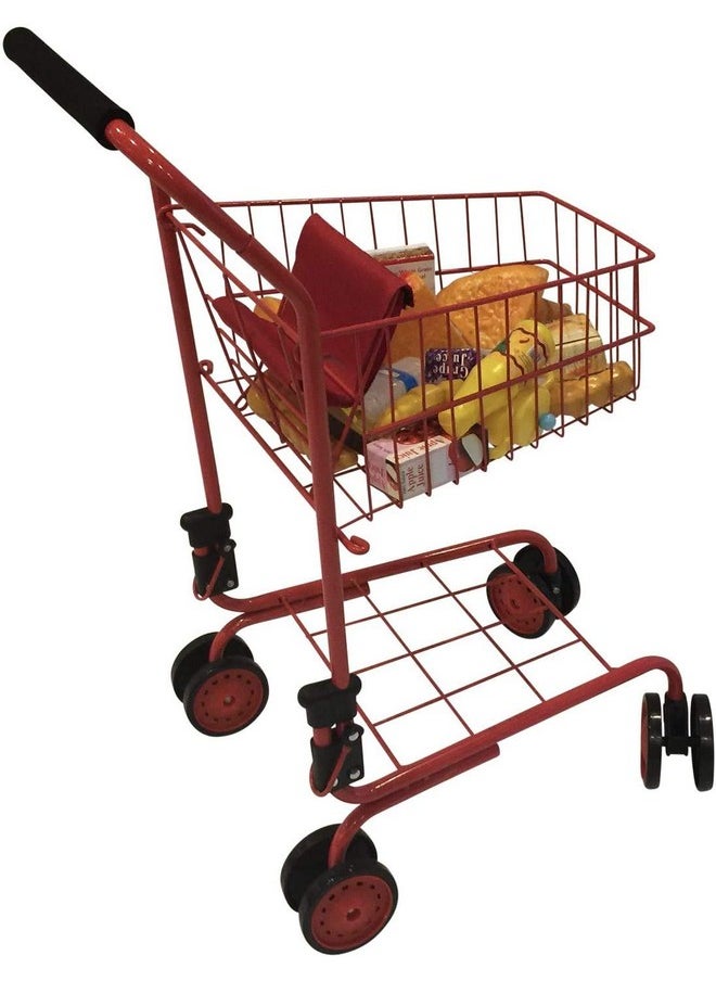 The New York Doll Collection Toy Shopping Cart for Kids and Toddler - Includes Food - Folds for Easy Storage - with Sturdy Metal Frame (Red)
