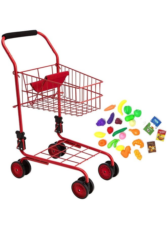 The New York Doll Collection Toy Shopping Cart for Kids and Toddler - Includes Food - Folds for Easy Storage - with Sturdy Metal Frame (Red)