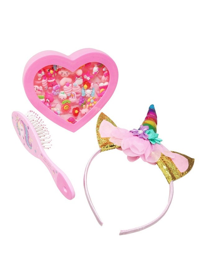 PARTEET Plastic Cute Unicorn Theme Combo Pack Of 3 Items 1 Modern Finger Rings Box(36Rings), 1 Unicorn Comb, And 1 Unicorn Hairband For Girl Kids, Pink