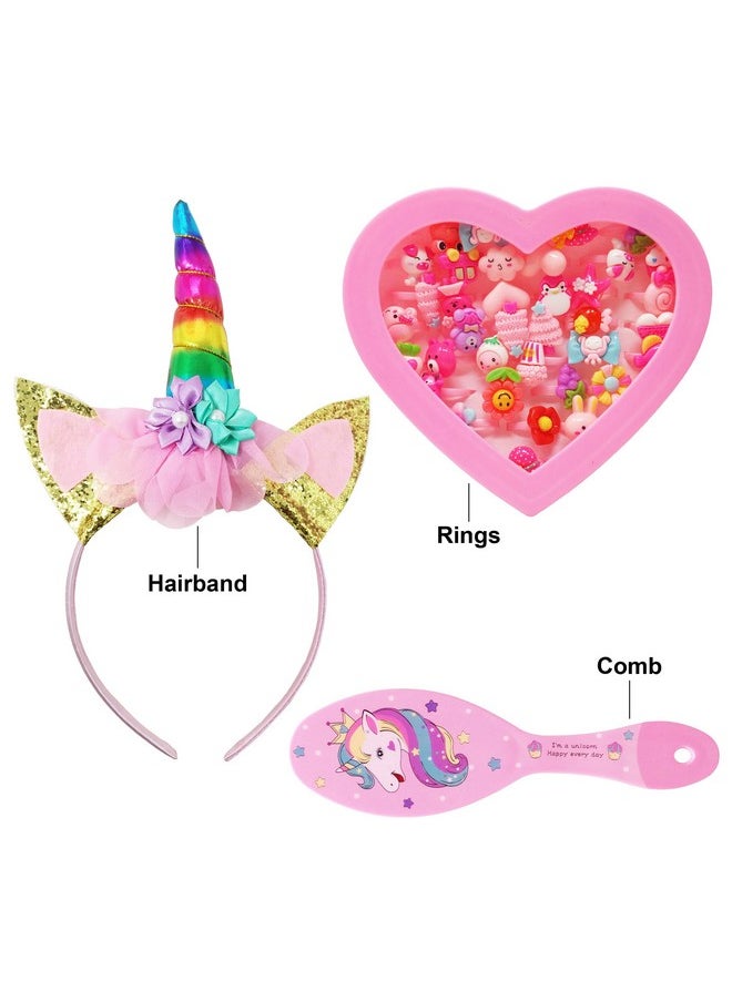 PARTEET Plastic Cute Unicorn Theme Combo Pack Of 3 Items 1 Modern Finger Rings Box(36Rings), 1 Unicorn Comb, And 1 Unicorn Hairband For Girl Kids, Pink