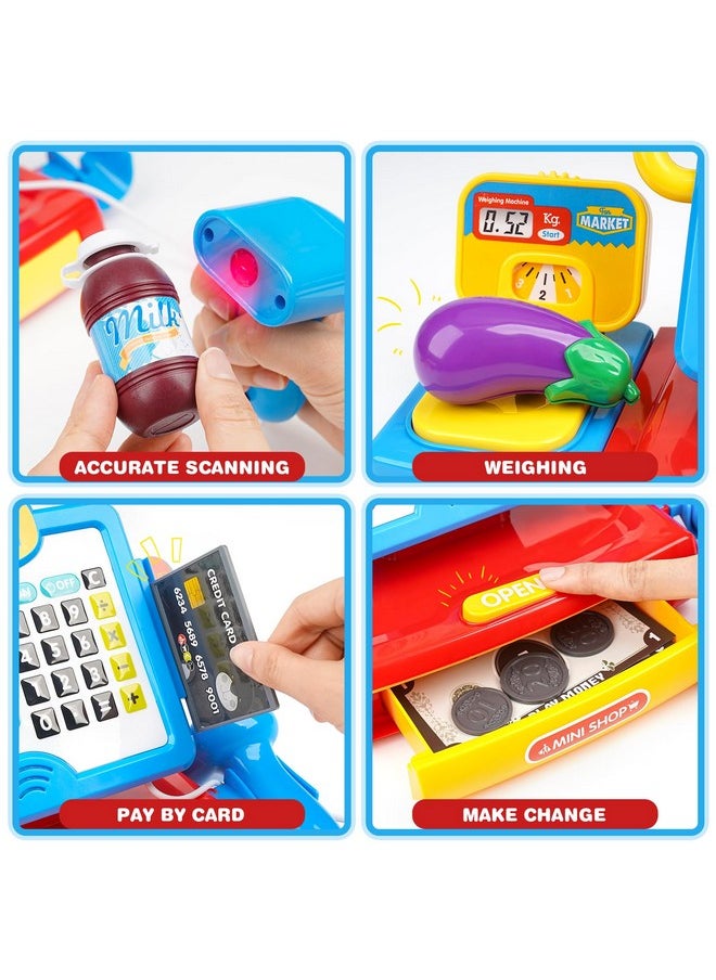 Cash Register Toy for Kids with Real Calculator, Cashier Register with Scanner/Weighter/Credit Card/ Play Money/ Food/Microphone, Pretend Play Store with Apron and Shoping Bag for Kids 4-8