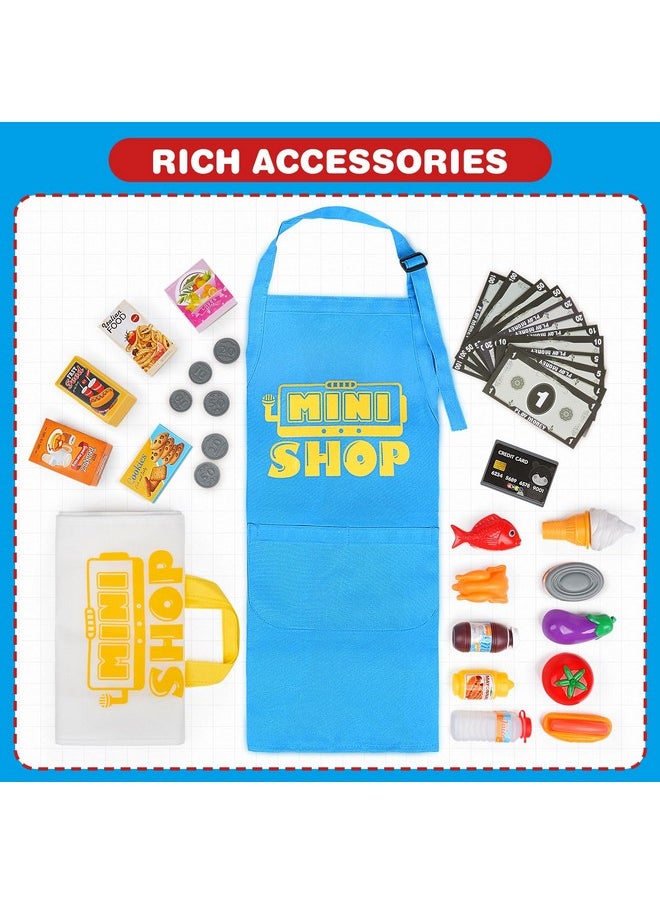 Cash Register Toy for Kids with Real Calculator, Cashier Register with Scanner/Weighter/Credit Card/ Play Money/ Food/Microphone, Pretend Play Store with Apron and Shoping Bag for Kids 4-8
