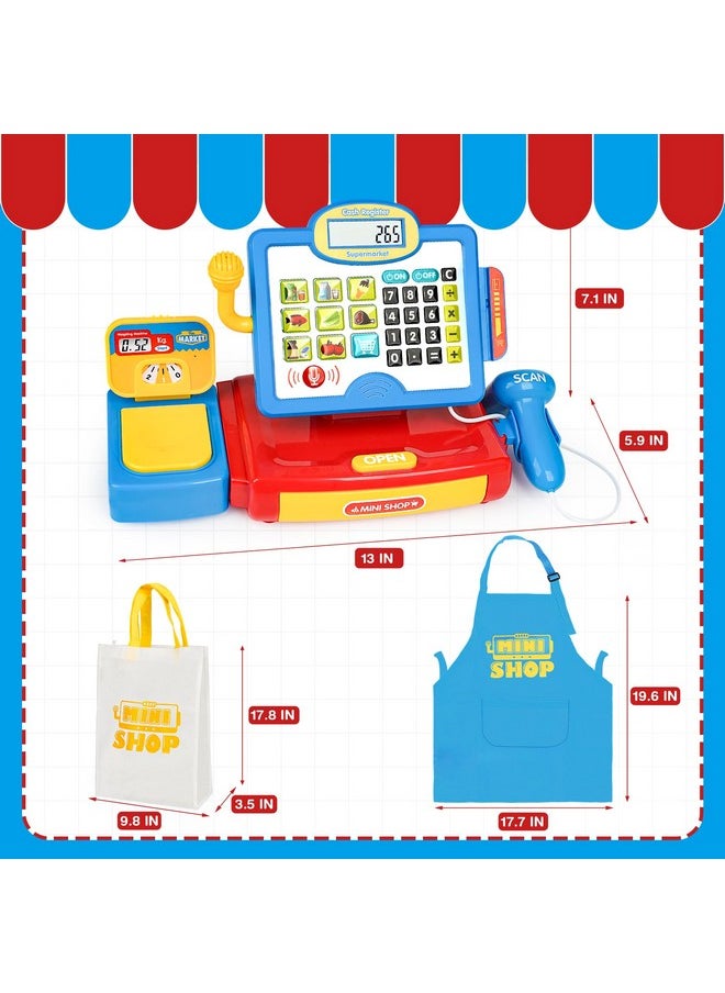 Cash Register Toy for Kids with Real Calculator, Cashier Register with Scanner/Weighter/Credit Card/ Play Money/ Food/Microphone, Pretend Play Store with Apron and Shoping Bag for Kids 4-8